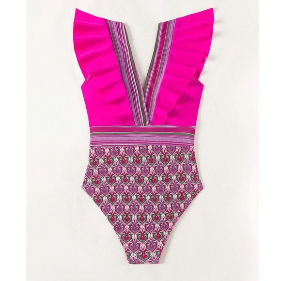 Boho Patchwork Plunging Neck Ruffle Monokini One Piece Swimsuit - Picture 2 of 10